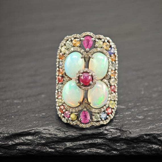 Oxidized Sterling Silver Ring with Ruby, Opal, Di… - image 7