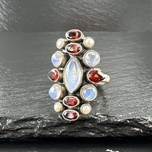 Vintage Nicky Butler Ring Mondstein, Granat, Perlen Sterling Silber Gr. 12