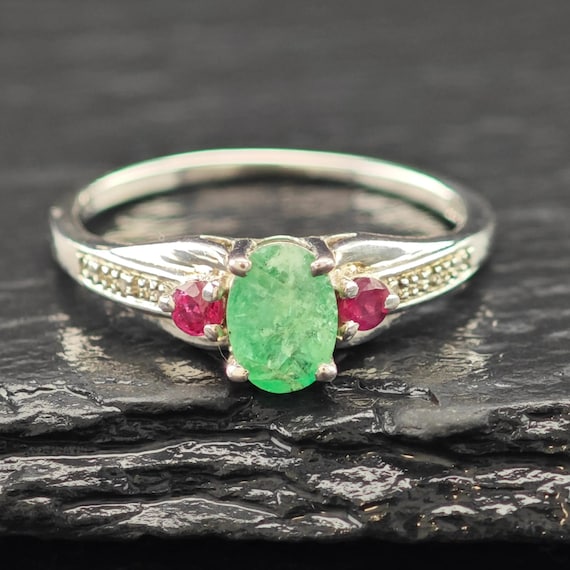 Emerald, Ruby Gemstone Ring Sterling Silver Sz 9 - image 1