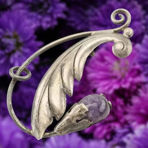 Taxco Silver Brooch - Purple Amethyst Leaf Pin