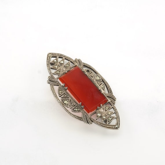 Art Deco Sterling Silver Brooch Carnelian Marcasi… - image 4