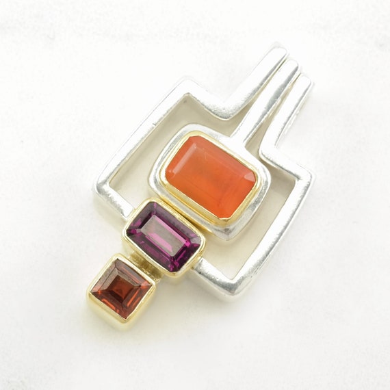 Vintage Fire Opal, Amethyst, Garnet, Modernist Go… - image 1