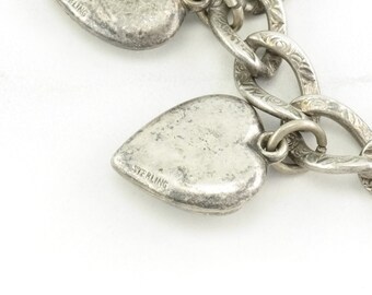Victorian Sterling Silver Link Bracelet With Heart Charms, Circa