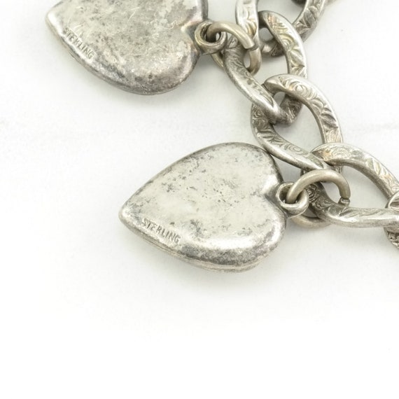 Victorian Sterling Silver Link Bracelet With Heart Charms, Circa