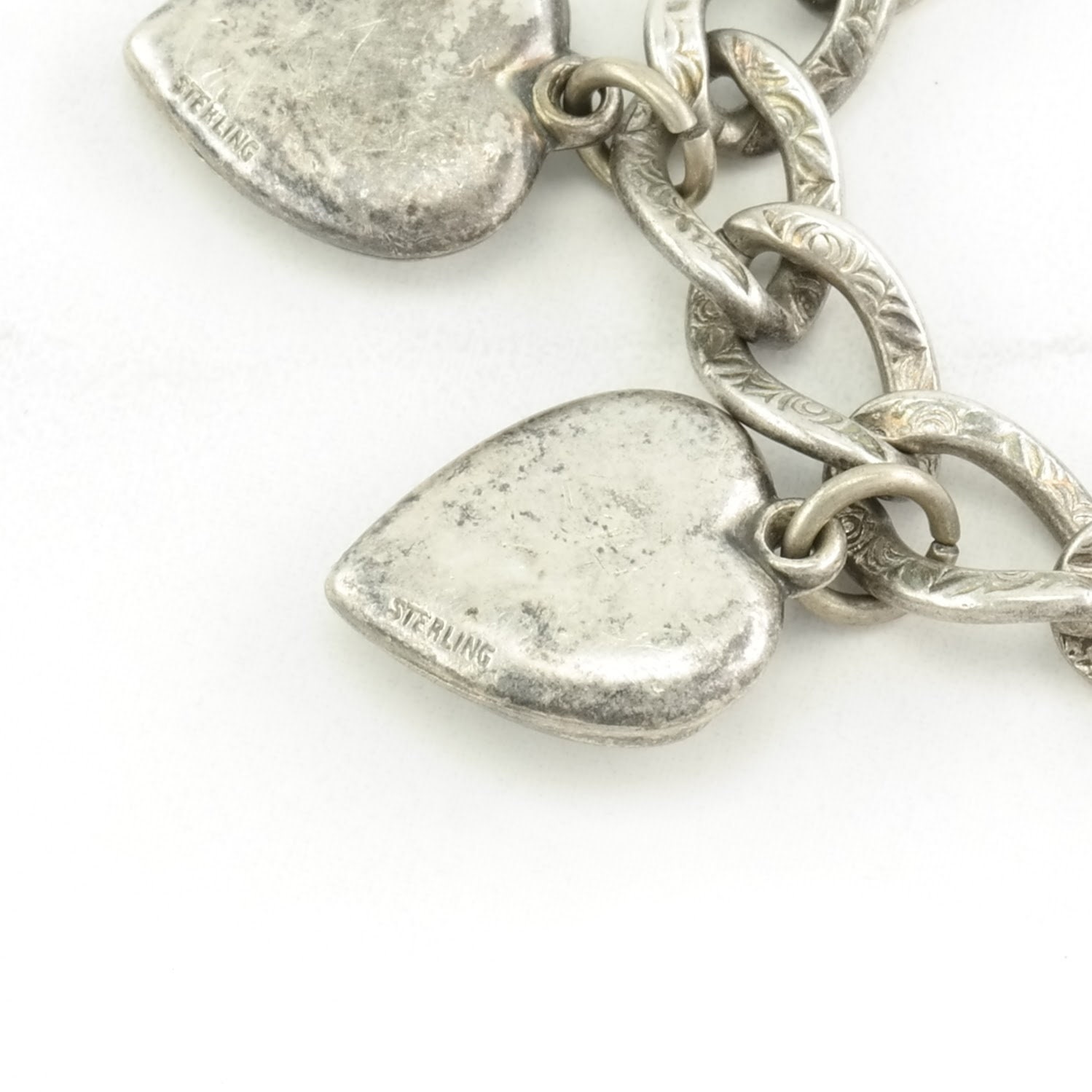 Victorian Sterling Silver Link Bracelet With Heart Charms, Circa