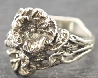 Bague Ancienne En Argent Sterling 925 Gravée Fleur - Taille 8, Occasion, état Porté