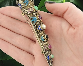 Vintage Chinese Export Sterling Silver Brooch: Enamel Gemstone Filigree Floral Pin