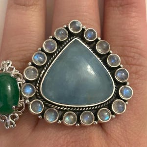Aquamarine Moonstone Sterling Silver Ring Blue Adjustable