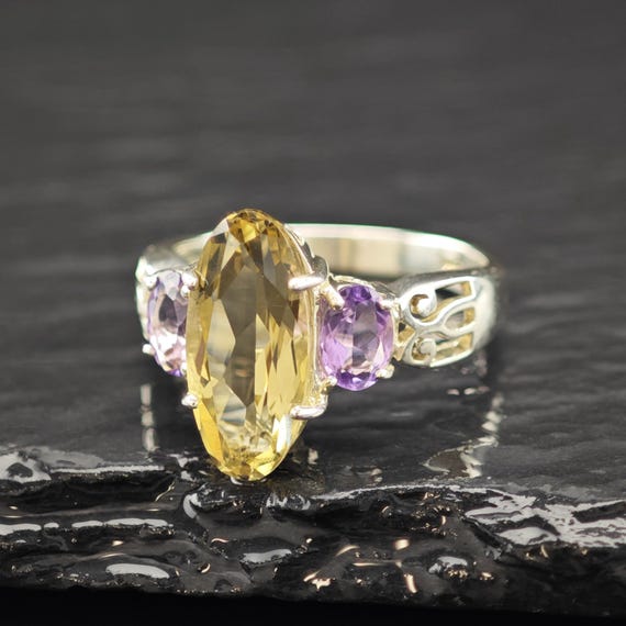 Sterling Silver Statement Ring: Amethyst & Citrin… - image 5