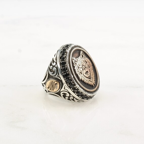 Vintage Sterling Silver Ring Onyx Copper Gold Acc… - image 5