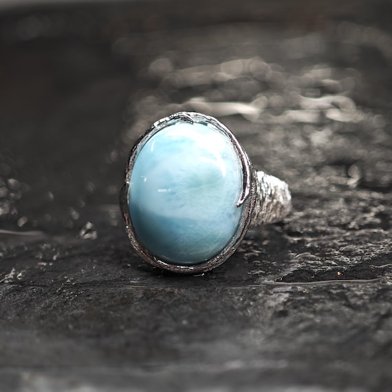 Sterling Silver Ring: Larimar Stone - Large Sky B… - image 1