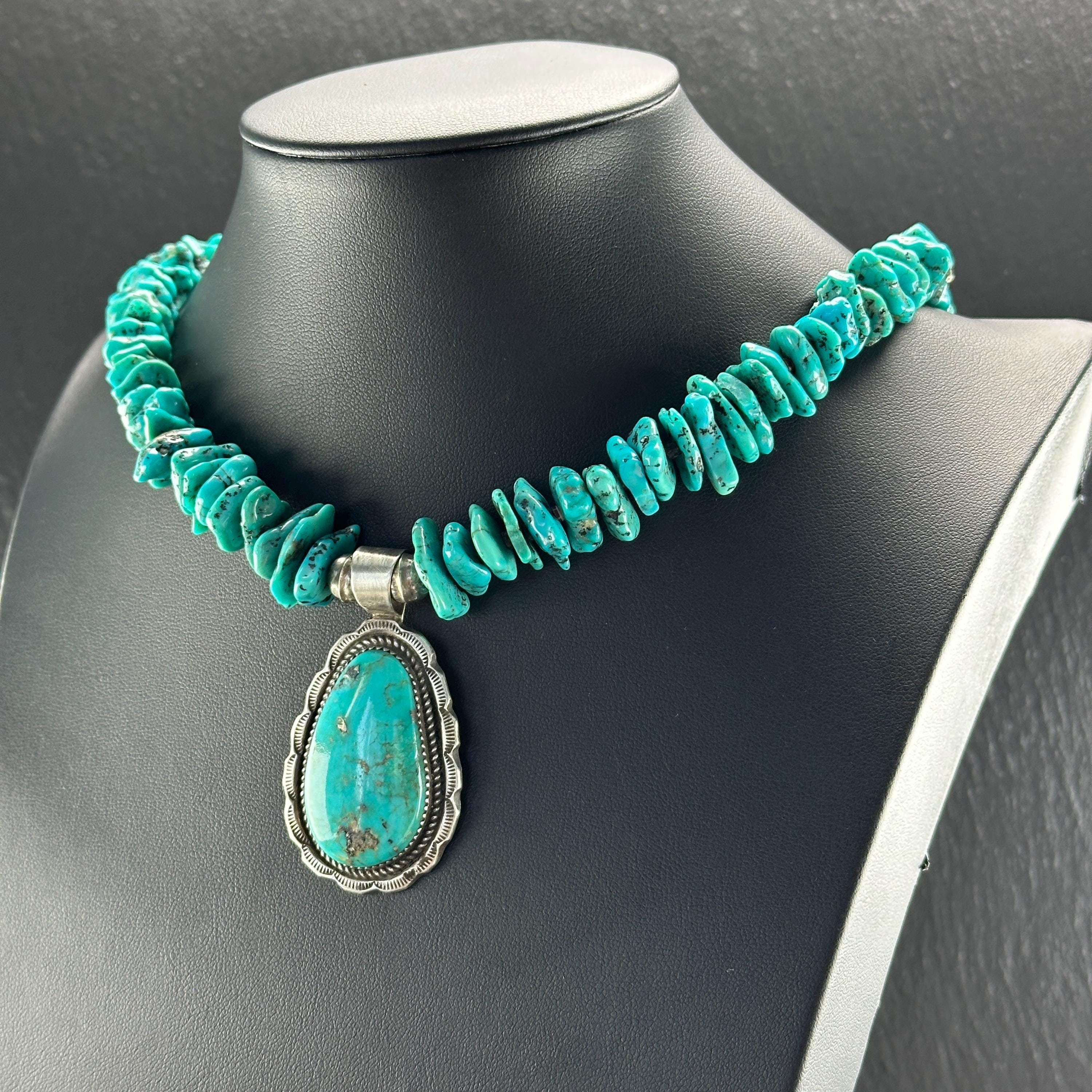 Turquoise Heishi Necklace: Native American - Sterling Silver