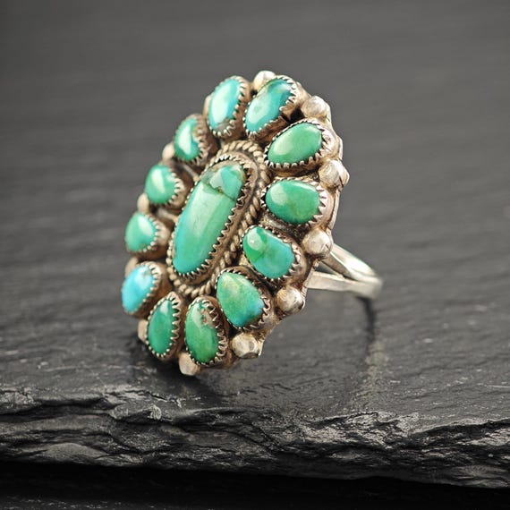 Green Turquoise Cluster Ring Native American Ster… - image 5