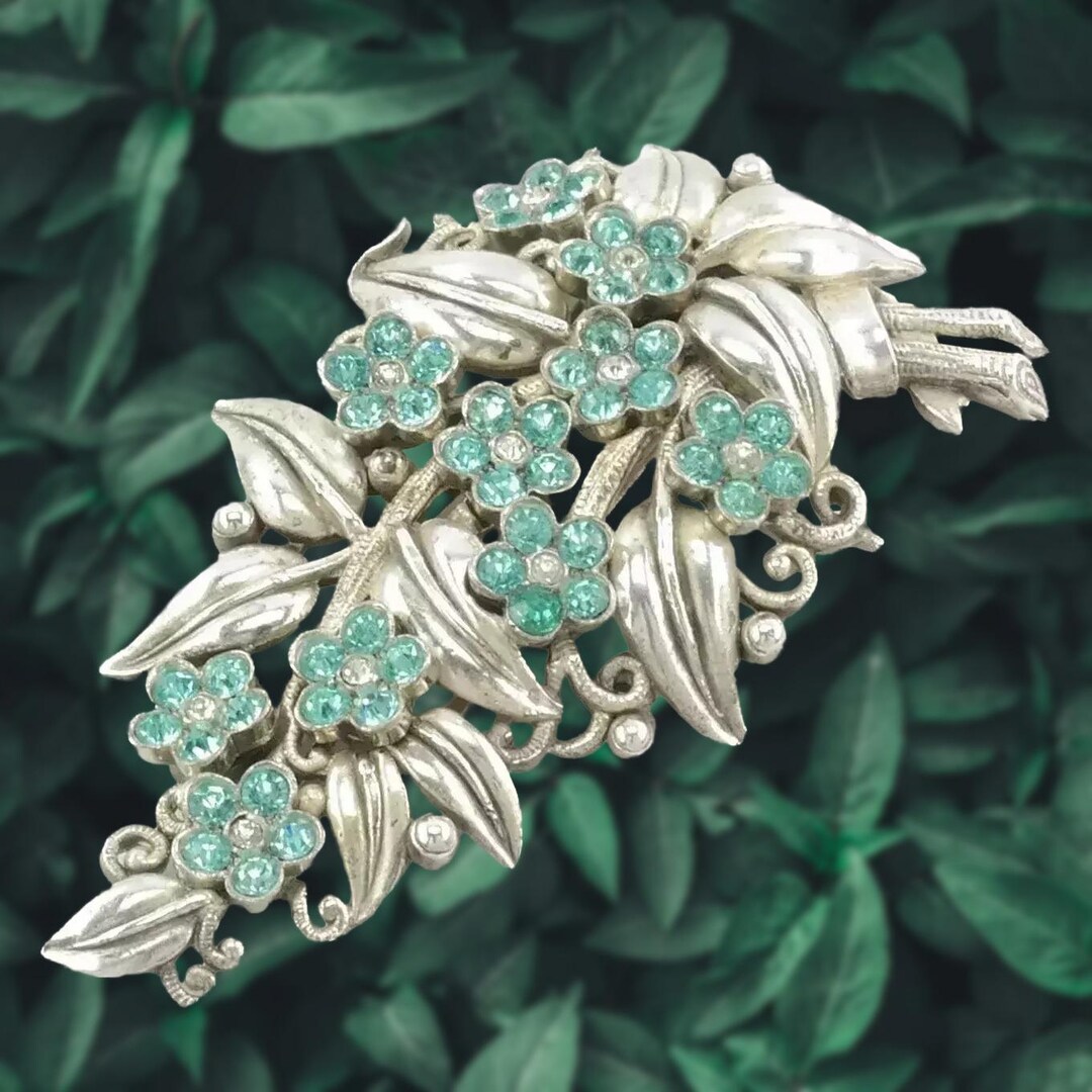 Crown Trifari Sterling Silver Brooch Floral Blue Colored Gemstone - Etsy