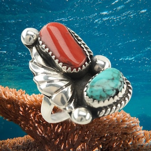 Native American Silver Ring - Turquoise and Coral Stones Size 3 3/4 Resizeable