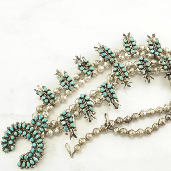 Vintage Zuni Native American Sterling Silver Blue Petite Point Turquoise Squash Blossom Necklace