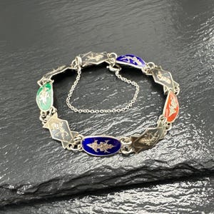 Vintage Siam Sterling Silver Link Bracelet Enamel, Nielo
