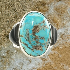 Turquoise Silver Ring, Onyx  Sterling Blue, Black Size 7 1/4