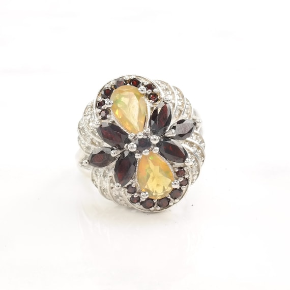 Vintage Silver Ring Opal Garnet Diamond Flower Si… - image 1