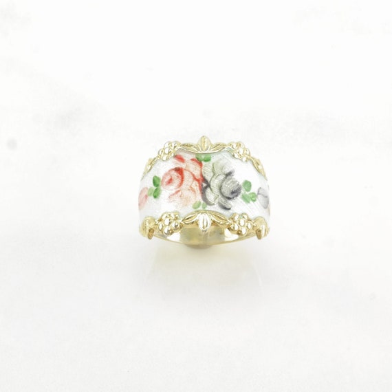Vintage Sterling Silver Ring Enamel Floral, Rose … - image 1