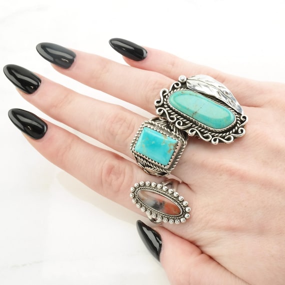 Turquoise Leaf Ring: Native American Leaf (Sterli… - image 2