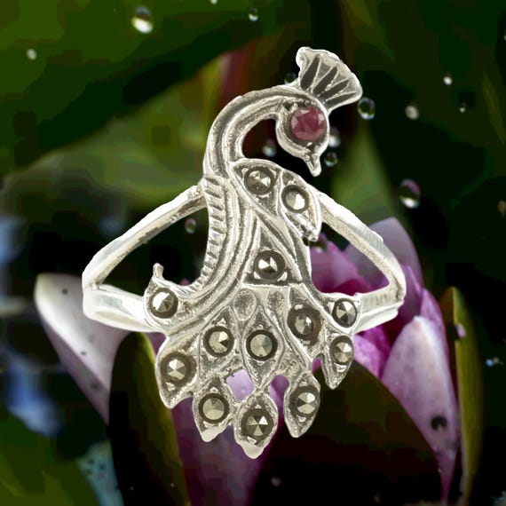 Art Deco Sterling Silver Ring, Ruby Marcasite Pea… - image 1