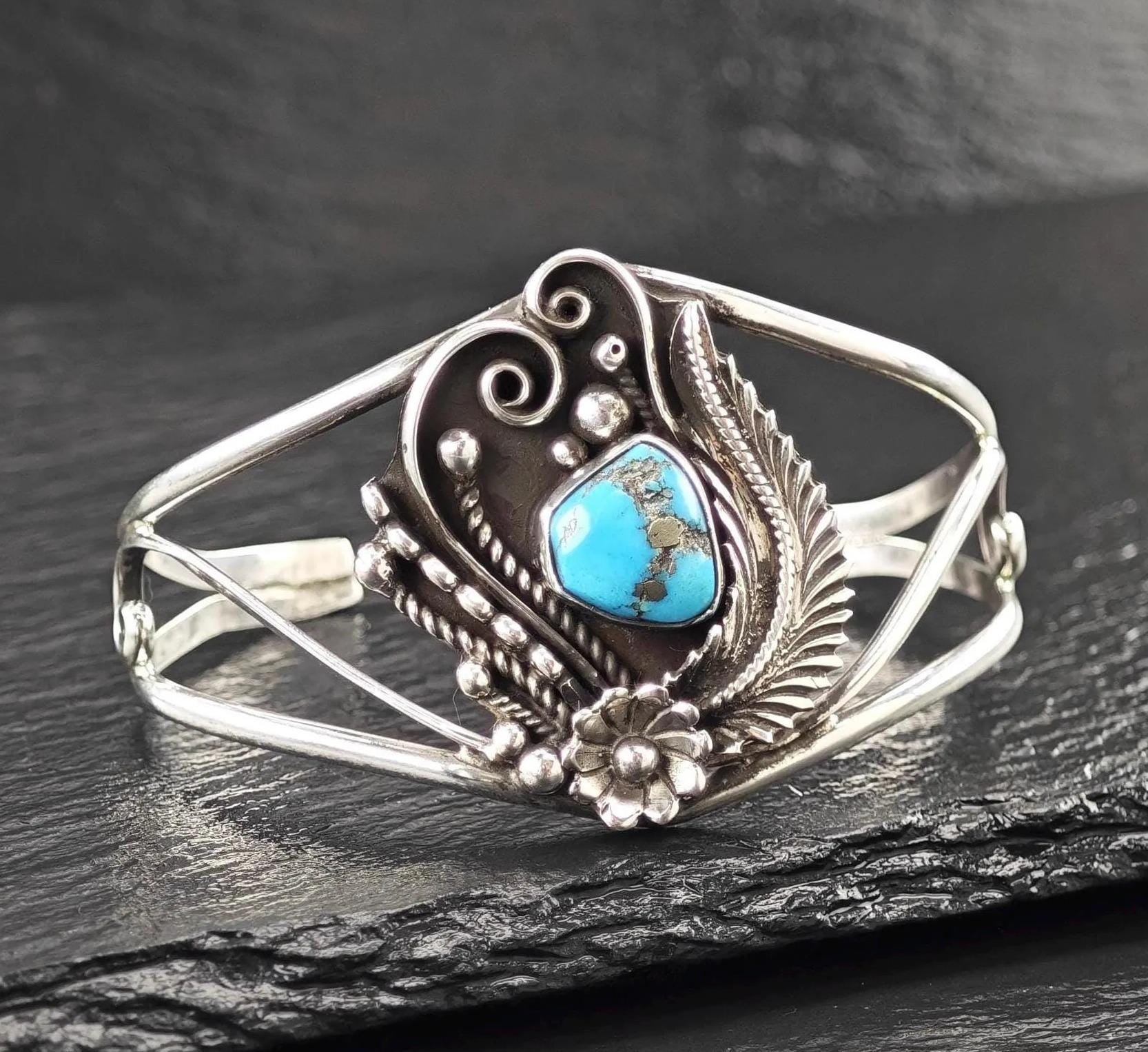 Navajo Turquoise Silver Cuff Bracelet - Handcrafted Jewelry 6 12