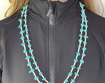 Southwest Necklace, Turquoise, Coral, Shell Heishi Bead (Two Strand Sterling) 30 1/2"