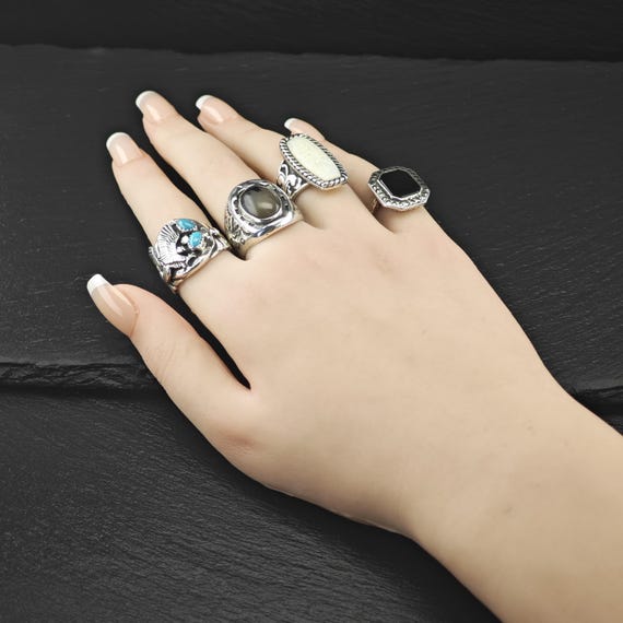 Native American Eagle Block Turquoise Ring Sterli… - image 2