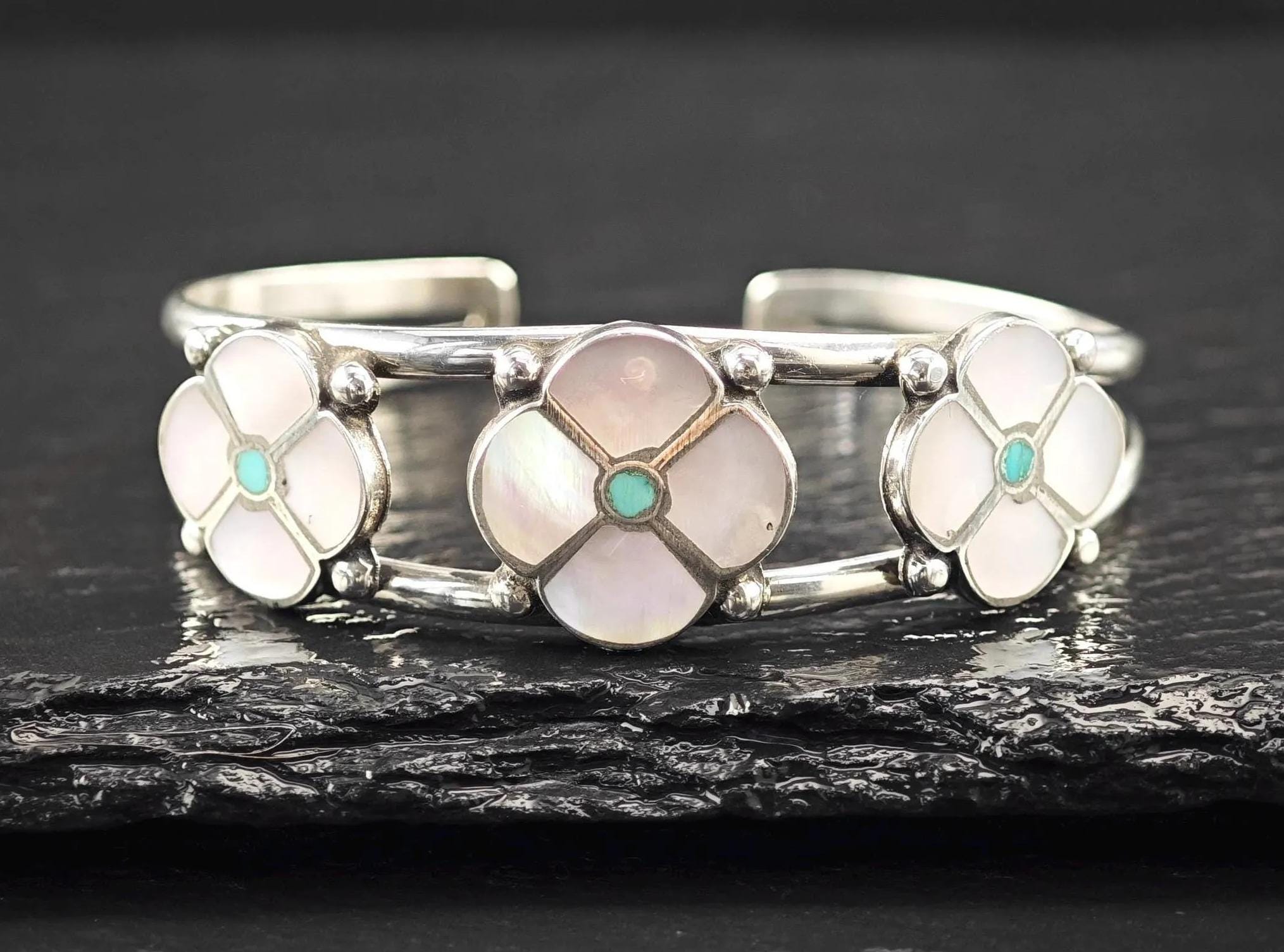 Sterling Silver Cuff Bracelet: Zuni Inlay With Mother of Pearl - 5
