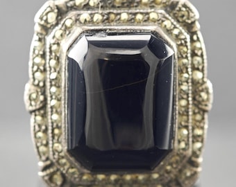 Vintage Art Deco Sterling Silber Ring Schwarzer Onyx Markasit Größe 5 3/4