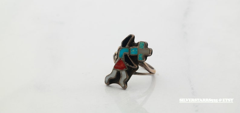 Coral Raindancer Sterling Size 5 Jet MOP Inlay Native American Silver Ring Turquoise