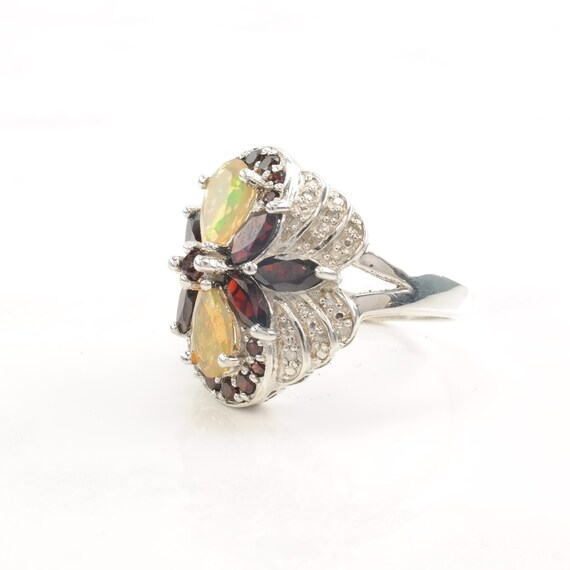 Vintage Silver Ring Opal Garnet Diamond Flower Si… - image 3