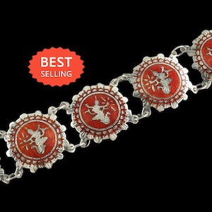 Vintage Red Niello Siam Bracelet Sterling Silver Link Enamel Dancer, Goddess