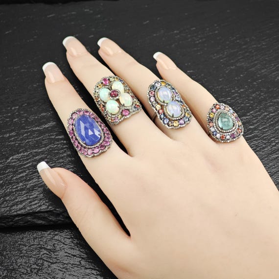 Oxidized Sterling Silver Ring with Ruby, Opal, Di… - image 2