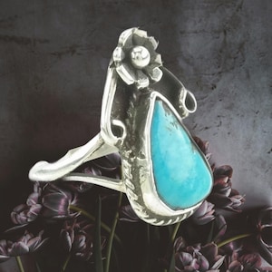 Vintage Sterling Silver Ring Turquoise Floral Blue Size 5 3/4