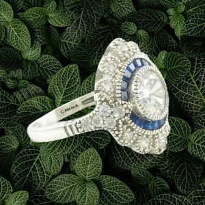 Vintage Art Deco Style Silver Ring CZ Created Sapphires Sterling Blue Size 6 1/4