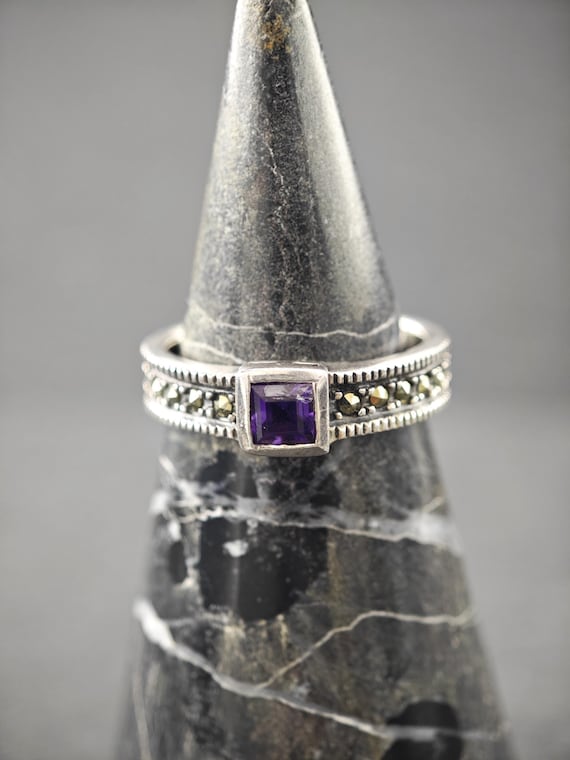 Vintage Stackable Silver Ring Amethyst Marcasite … - image 2