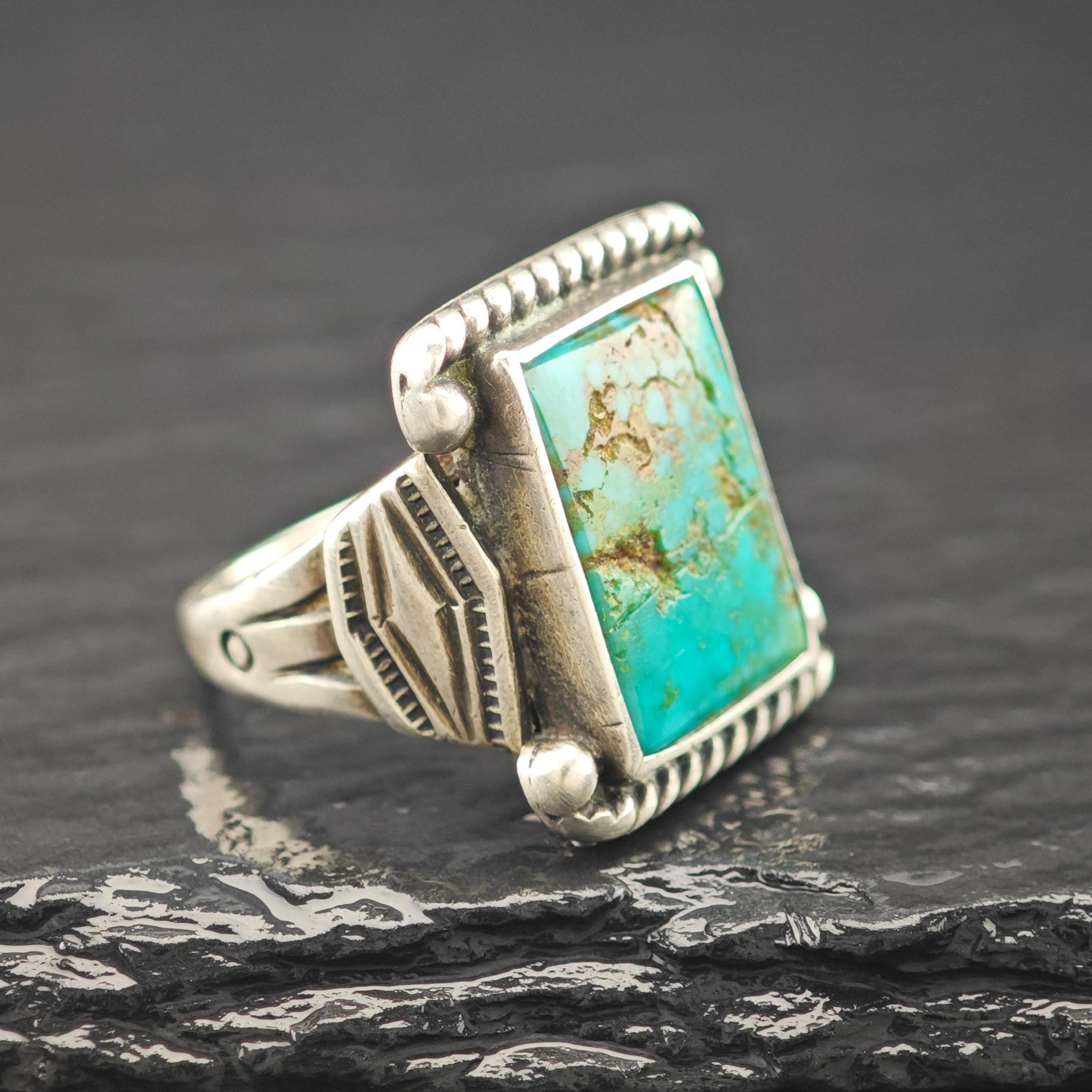 Historic, Native American Green Turquoise Ring Sterling Silver Sz