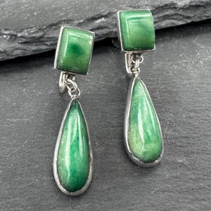 Green Gemstone, Teardrop Screw Back Earrings Sterling Silver