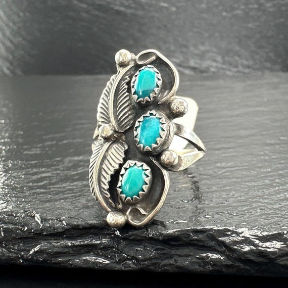 Native American Turquoise Ring - Silver Leaf Desi… - image 2
