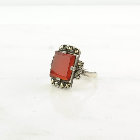 Vintage Art Deco Silver Ring Carnelian Marcasite … - image 1