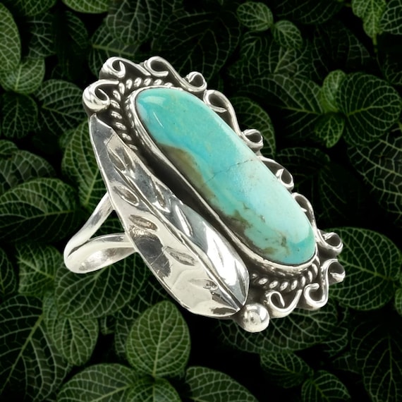 Turquoise Leaf Ring: Native American Leaf (Sterli… - image 1