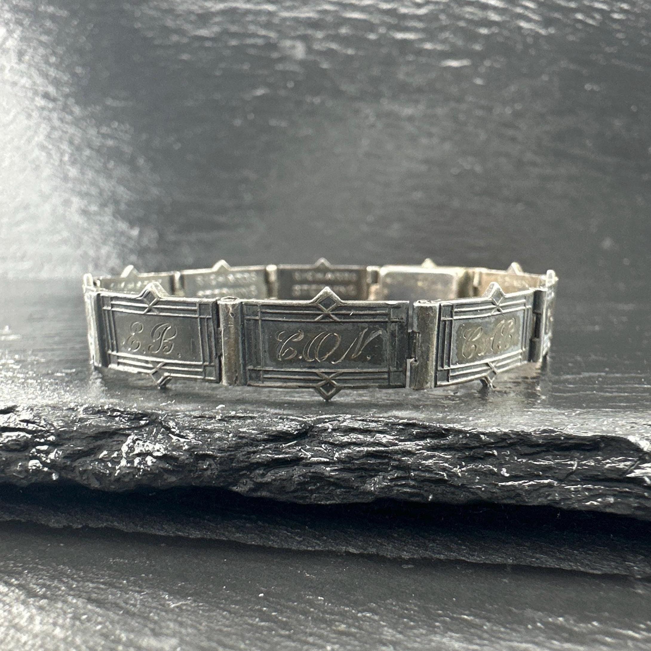 Antique 1915 Sterling Silver Line Bracelet Engraved, Initials