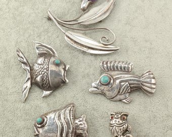 Choice Taxco Pre Eagle Sterling Silver Brooch Fish Flower Amethyst
