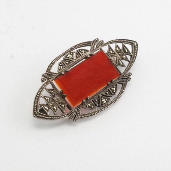 Art Deco Sterling Silver Brooch Carnelian Marcasi… - image 9