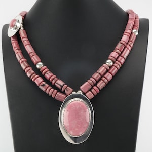 Roze rhodonietketting | Sterlingzilver en rhodonietkraalketting | Zuidwestelijke sieraden | Statementketting