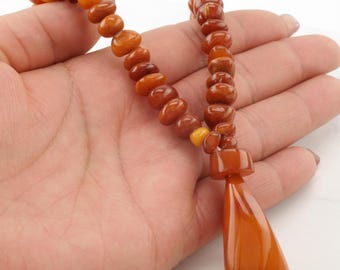 Collier Rare En Ambre Butterscotch (caramel) - 84 Grammes, Longueur 102 Cm, Vintage Et Naturel - Métal Vermeil