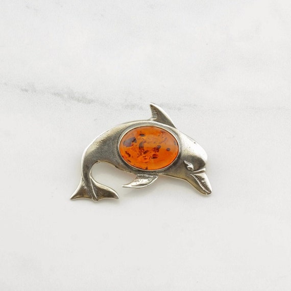 Vintage Amber Dolphin Silver Brooch Orange Sterli… - image 1