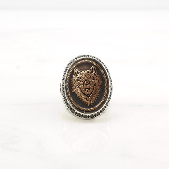 Vintage Sterling Silver Ring Onyx Copper Gold Acc… - image 3